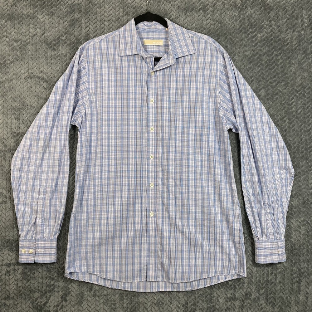 Michael Kors Dress Shirt Mens 15.5 34/35 Regular Blue Check Button Long Sleeve